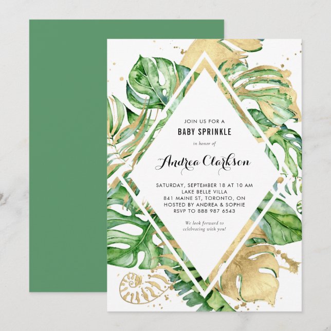 Invitation Tropical Feuille Gold Foil Été Baby Sprinky (Devant / Derrière)