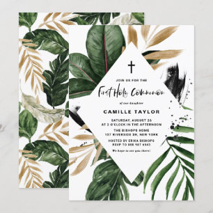 Invitation Tropical Feuille Gold Foil Première communion sain