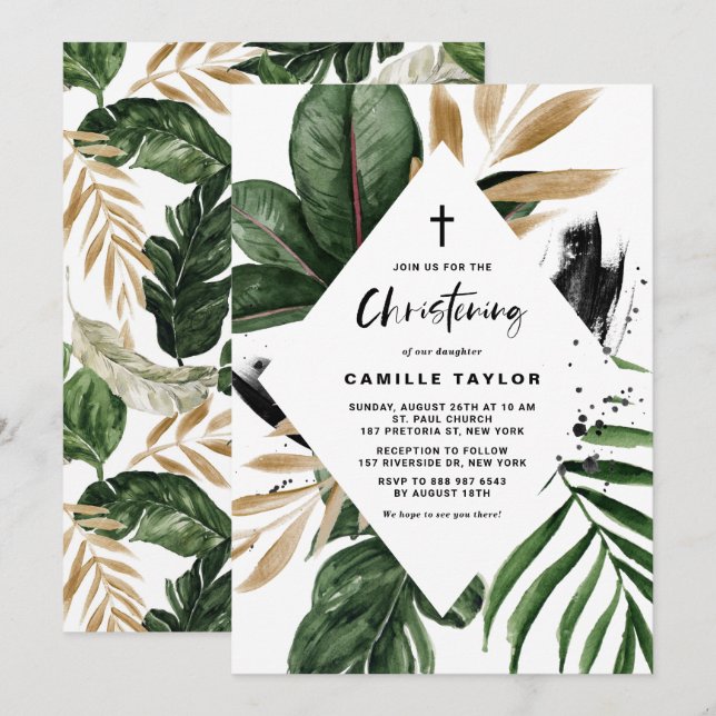 Invitation Tropical Feuilles Faux Gold Foil Frame Christening (Devant / Derrière)