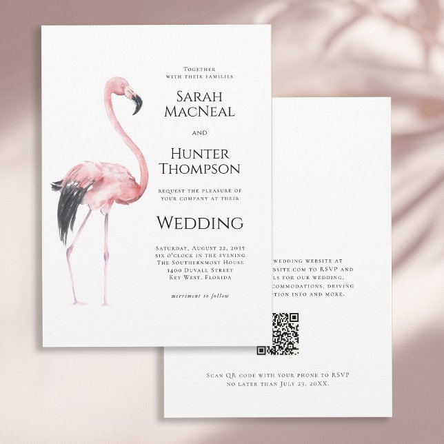 Invitation Tropical Flamingo Beach Wedding QR code (Créateur téléchargé)