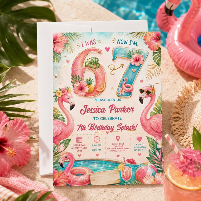 Invitation Tropical Flamingo Pool Party 7e Anniversaire Splas (Tropical Flamingo Pool Party 7th Birthday Splash Invitation
)
