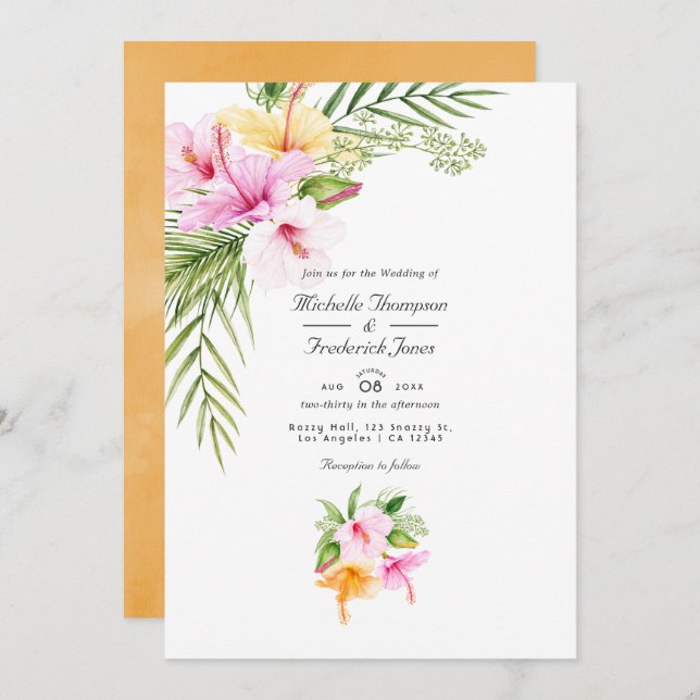 Invitation Tropical Floral Beach QR Code RSVP Mariage (Devant / Derrière)