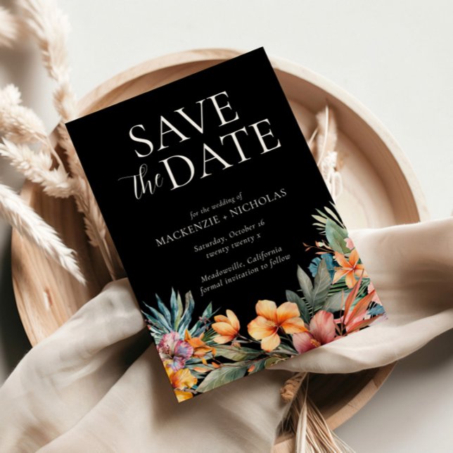 Invitation Tropical Floral Black Enregistrer la date (tropical wedding save the date black)