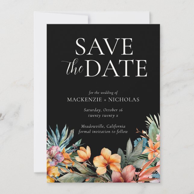 Invitation Tropical Floral Black Enregistrer la date (Devant)