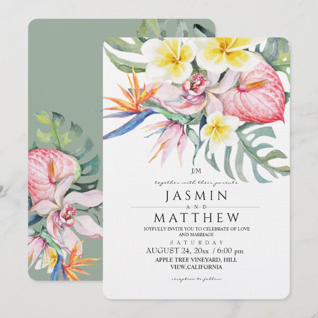 Invitation  Tropical Floral Botanical Wedding (Devant / Derrière)