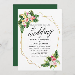 Invitation Tropical Floral Calligraphy Gold Frame Mariage