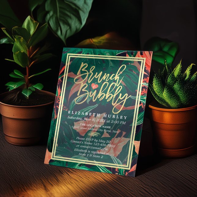 Invitation Tropical Floral Gold Frame Fête des mariées hawaïe (Créateur téléchargé)