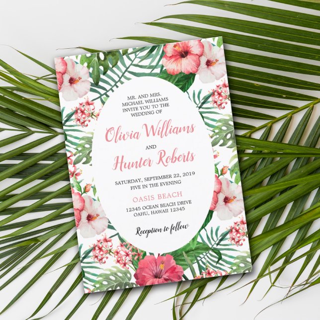 Invitation Tropical Floral Green Palm rose Hibiscus Mariage (Créateur téléchargé)