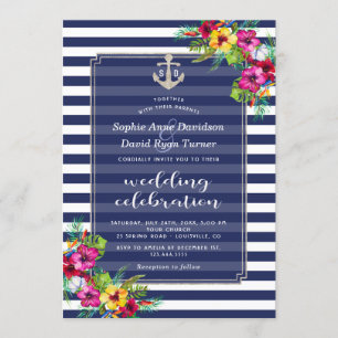Invitation Tropical Floral Luau Marine Blue Stripes Mariage