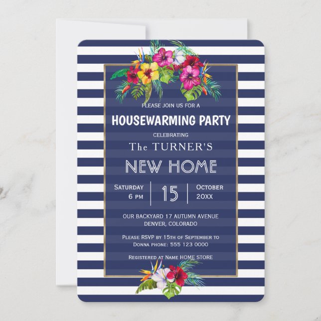Invitation Tropical Floral Luau Navy Blue Houseréchauffer Par (Devant)