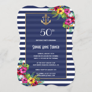 Invitation Tropical Floral Luau Navy rayures Anniversaire