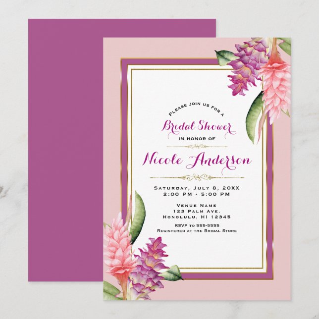 Invitation Tropical Floral Orchid Violet Rose Fête de Mariage (Devant / Derrière)