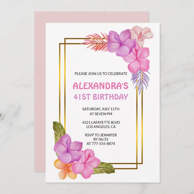 Invitation Tropical Floral Pink Luxe 41e anniversaire (Devant / Derrière)