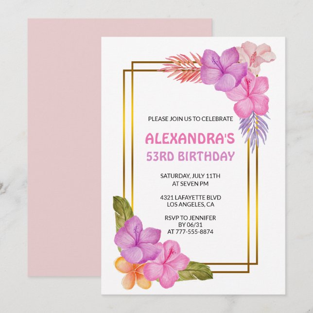 Invitation Tropical Floral Pink Luxury 53e anniversaire (Devant / Derrière)