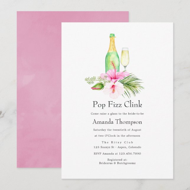 Invitation Tropical Floral Plage Pop Fizz Clink Enterrement d (Devant / Derrière)