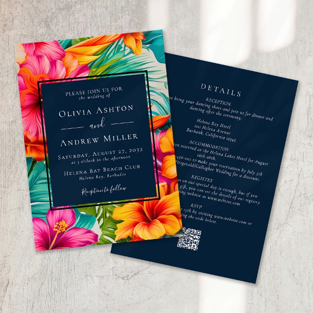 Invitation Tropical Floral QR Code Destination Beach Mariage (Créateur téléchargé)