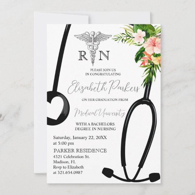 Invitation Tropical Floral RN Nursing School Graduation Party (Devant)