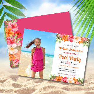 Invitation Tropical Floral Swimming Pool Party Birthday Pink