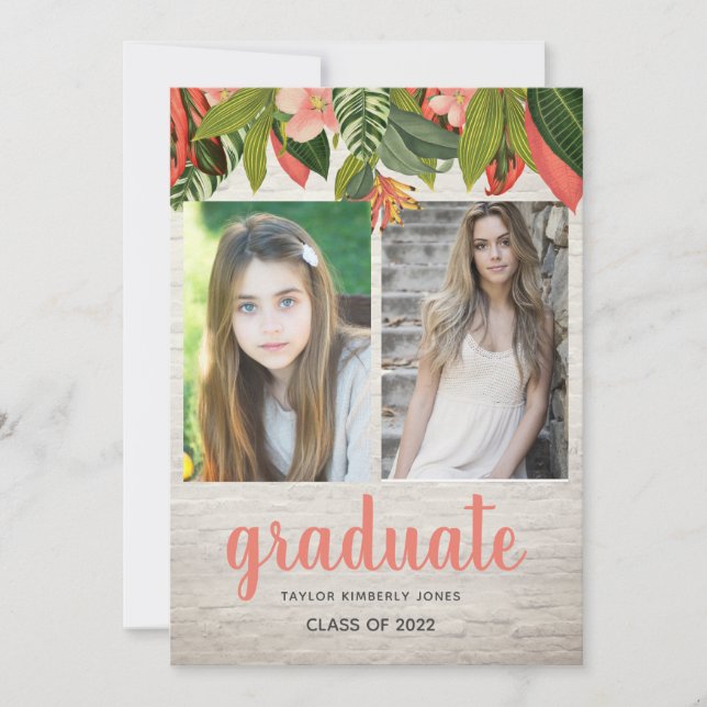 Invitation Tropical Floral White Brick Multi Photo Graduation (Devant)