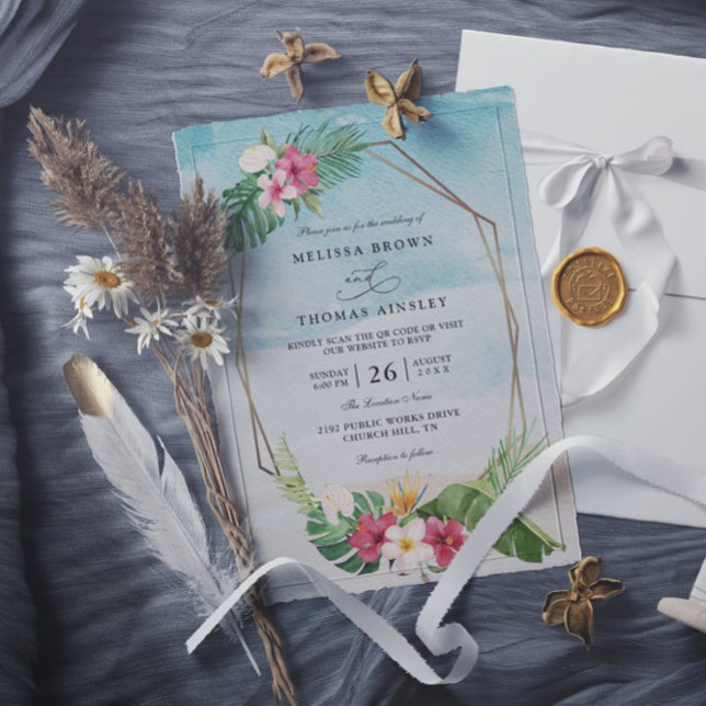 Invitation Tropical Flower Beach Elegant QR Code Wedding (Créateur téléchargé)