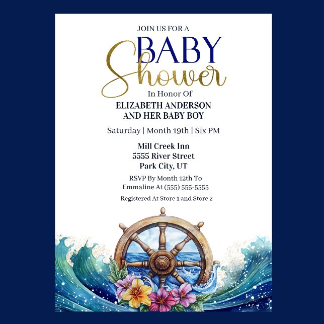 Invitation Tropical Flower Sailing Wheel Boy Baby Shower (Nautical Baby Shower invitation with ship wheel, ocean waves, and tropical flowers )