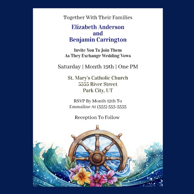 Invitation Tropical Flower Sailing Wheel Nautical Wedding (Nautical wedding invitation with ship wheel, ocean waves, and tropical flowers )