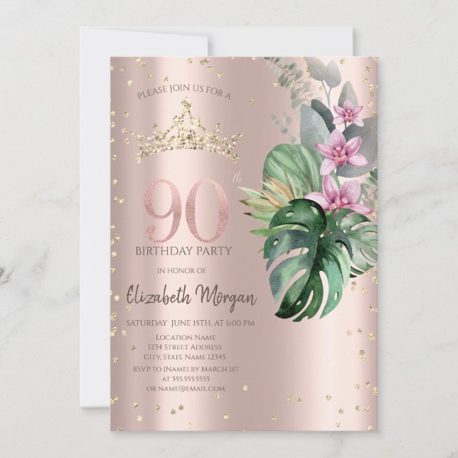 Invitation Tropical Flowers Diamonds Rose Gold 90e anniversai (Devant)