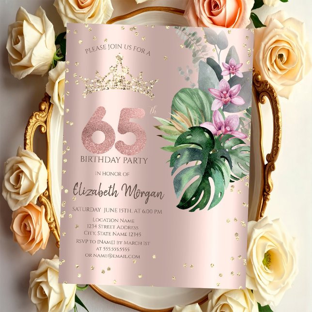 Invitation Tropical Flowers Diamonds Rose Or 65e anniversaire (Créateur téléchargé)