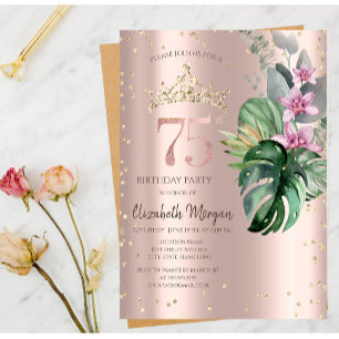 Invitation Tropical Flowers Diamonds Rose Or 75e anniversaire