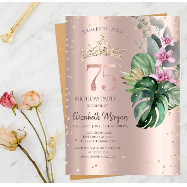 Invitation Tropical Flowers Diamonds Rose Or 75e anniversaire (Créateur téléchargé)