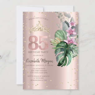 Invitation Tropical Flowers Diamonds Rose Or 85e anniversaire