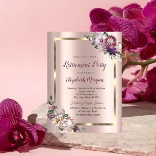 Invitation Tropical Flowers Gold Frame, Rose Gold Retirement