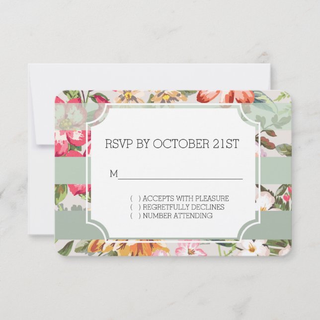Invitation Tropical Flowers Mint Stripes RSVP (Devant)