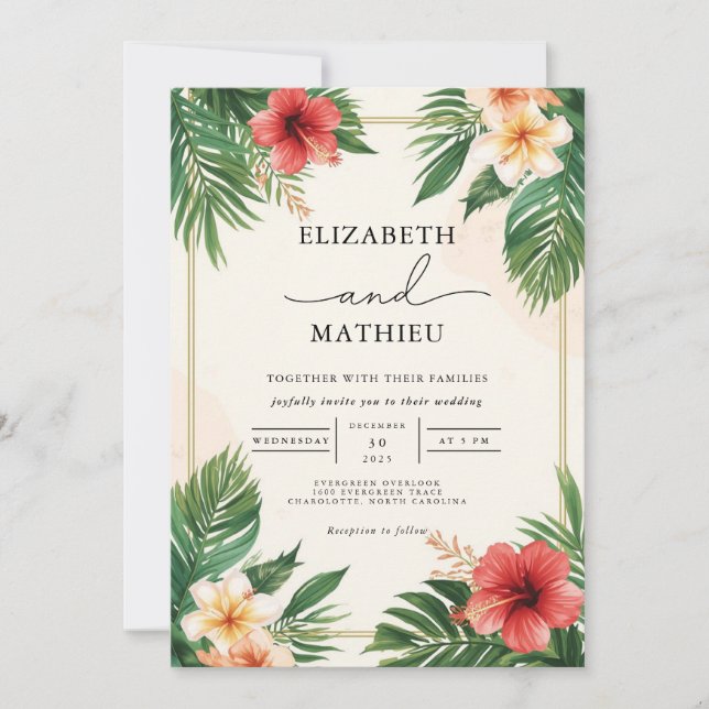Invitation Tropical Frond Bloom Mariage (Devant)