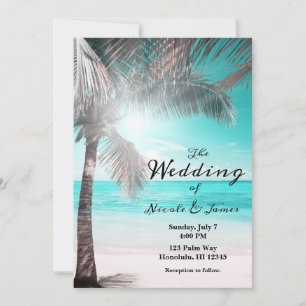Invitation Tropical Glam Rose Bleu Aqua Plage Palmier Mariage