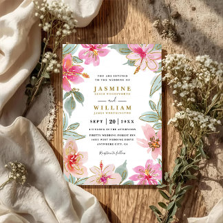 Invitation Tropical Glitter Flowers Elegant QR Code Wedding
