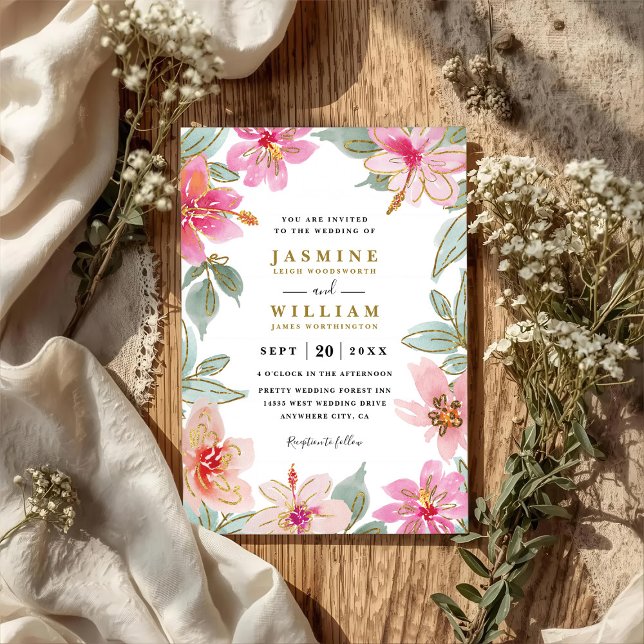 Invitation Tropical Glitter Flowers Elegant QR Code Wedding (Créateur téléchargé)