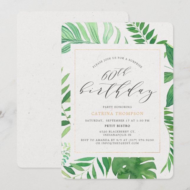 Invitation Tropical Gold Green 60th Surprise Birthday Party (Devant / Derrière)