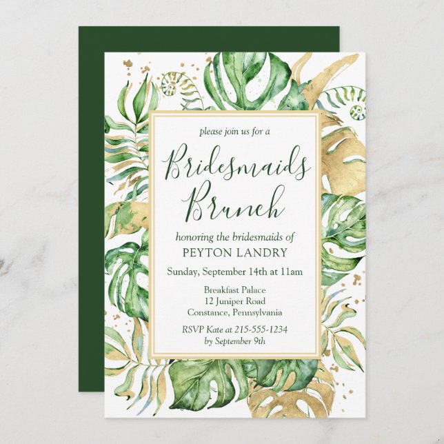 Invitation Tropical Gold & Green Bridesmaiers Brunch (Devant / Derrière)