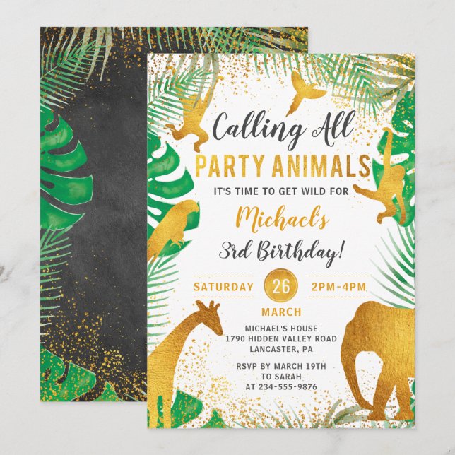 Invitation Tropical Gold Jungle Animaux Anniversaire de enfan (Devant / Derrière)