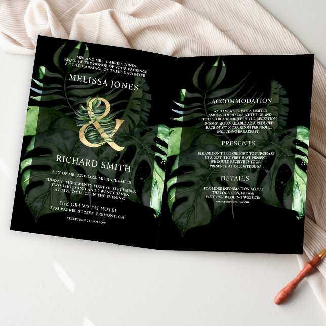 Invitation Tropical Gold Monstera Palm Black QR Code Wedding (Créateur téléchargé)