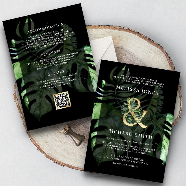 Invitation Tropical Gold Monstera Palm Black QR Code Wedding  (Créateur téléchargé)