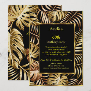 Invitation Tropical Gold Plants fête d'anniversaire noire