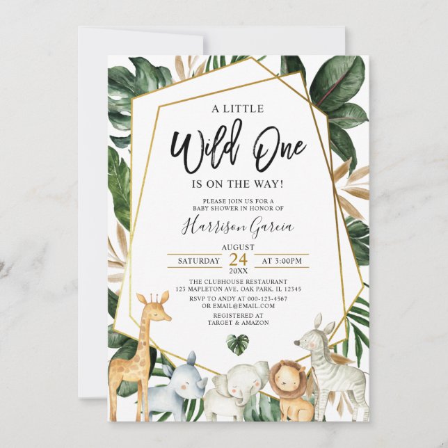 Invitation Tropical Gold Wild One Jungle Animaux Baby shower (Devant)