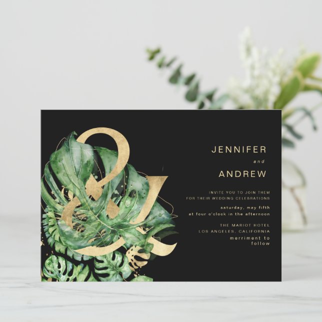 Invitation Tropical Golden Foliage Ampersand Mariage (Debout devant)