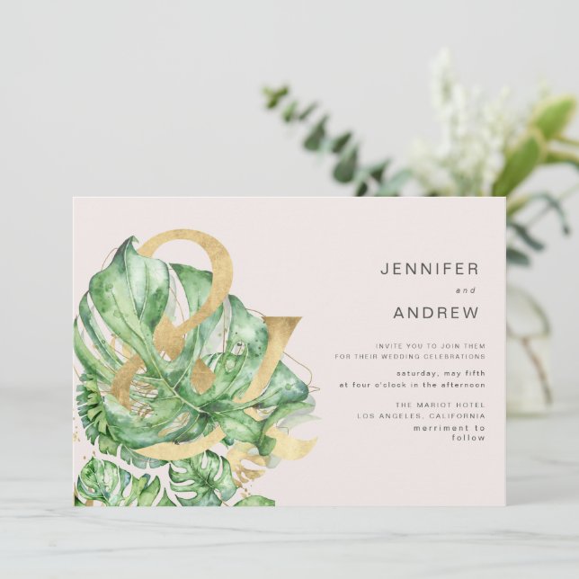Invitation Tropical Golden Foliage Ampersand Mariage (Debout devant)
