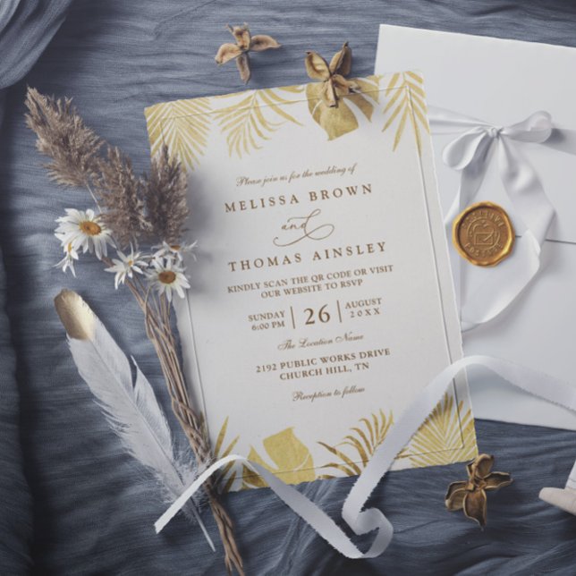 Invitation Tropical Golden Paradise Elegant QR Code Wedding (Créateur téléchargé)