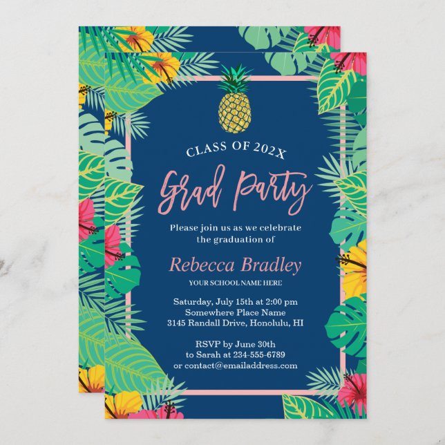 Invitation Tropical Graduation Party Marine Blue Gold Ananas (Devant / Derrière)