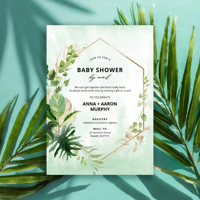 Invitation Tropical Green et Gold Frame Baby shower par courr (Créateur téléchargé)