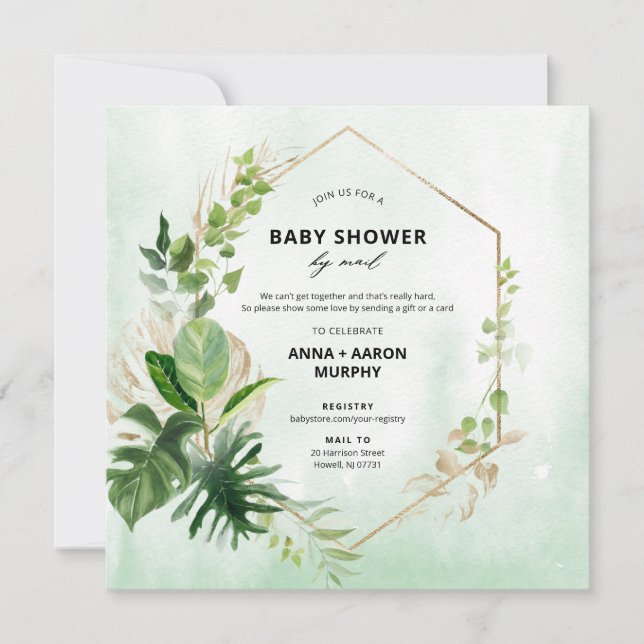 Invitation Tropical Green et Gold Frame Baby shower par courr (Devant)